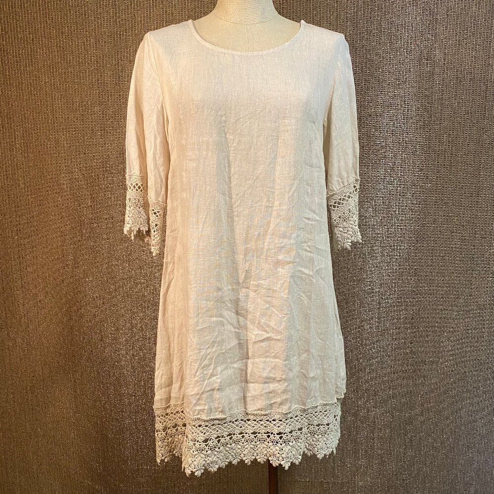 Stella Rosa Pure Linen Ecru Shift Dress w/Lace Edged Sleeves & Hem sz: XS-M